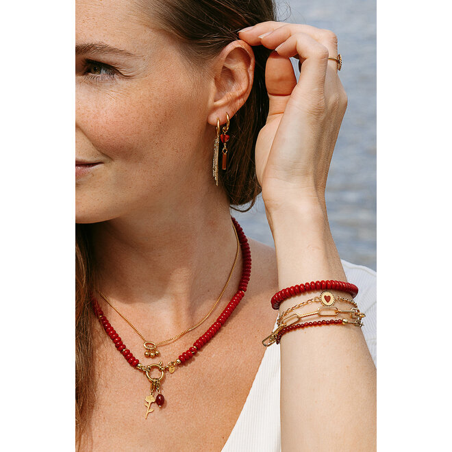 Oorring rode jasper heart bar goud