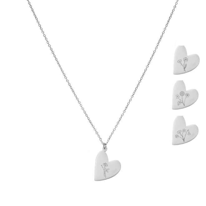Gepersonaliseerde geboortebloem ketting heart small zilver