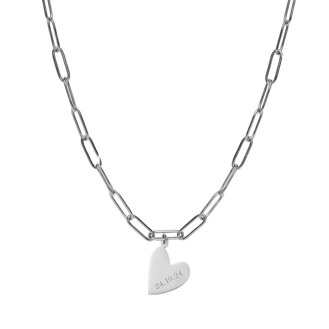 Gepersonaliseerde datum ketting heart chain big plain zilver