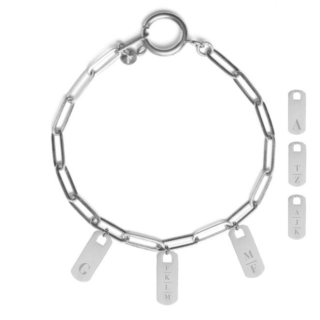 Gepersonaliseerde initialen armband tag 3 bedels zilver