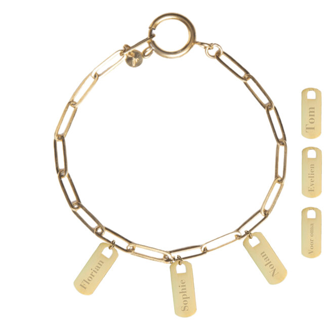 Gepersonaliseerde naam armband tag goud 3 bedels