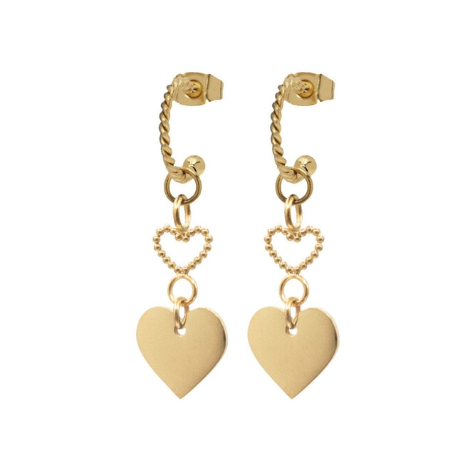 Oorringen twisted double heart 3d bolletjes goud