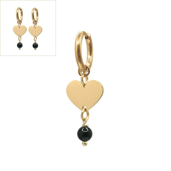 Oorringen heart onyx glad goud