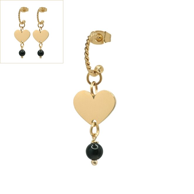 Oorringen heart onyx twisted goud