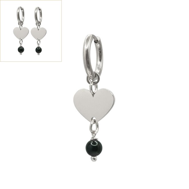 Oorringen heart onyx glad zilver
