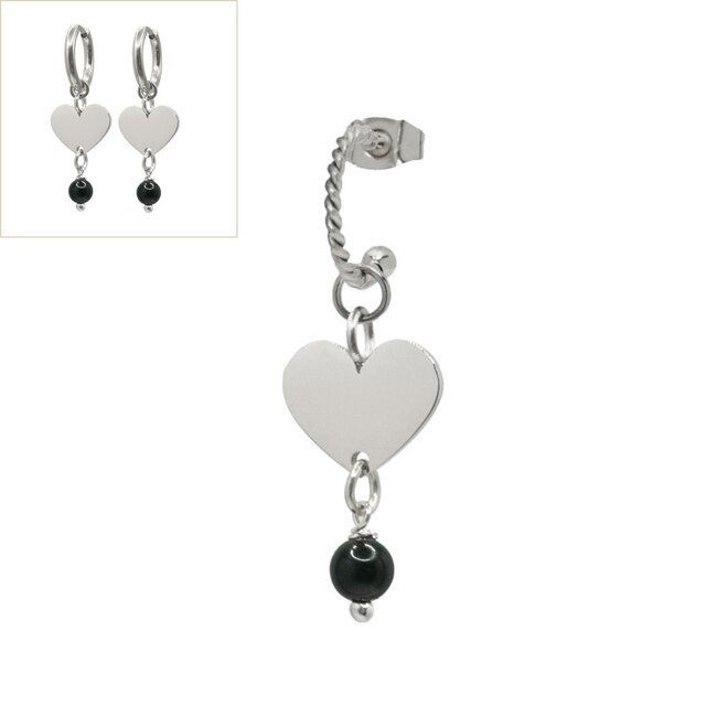 Oorringen heart onyx twisted zilver