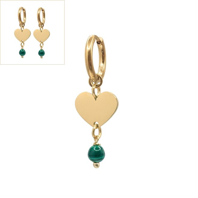 Oorringen heart malachiet glad goud