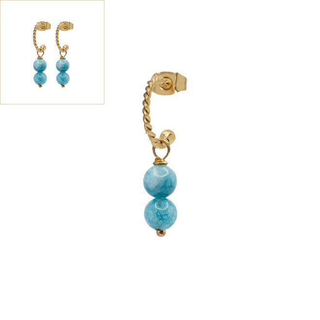 Oorringen jade 6mm blauw twisted goud