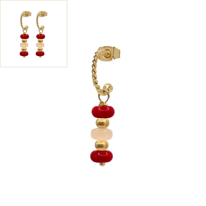Oorringen sammie rood/roze twisted goud