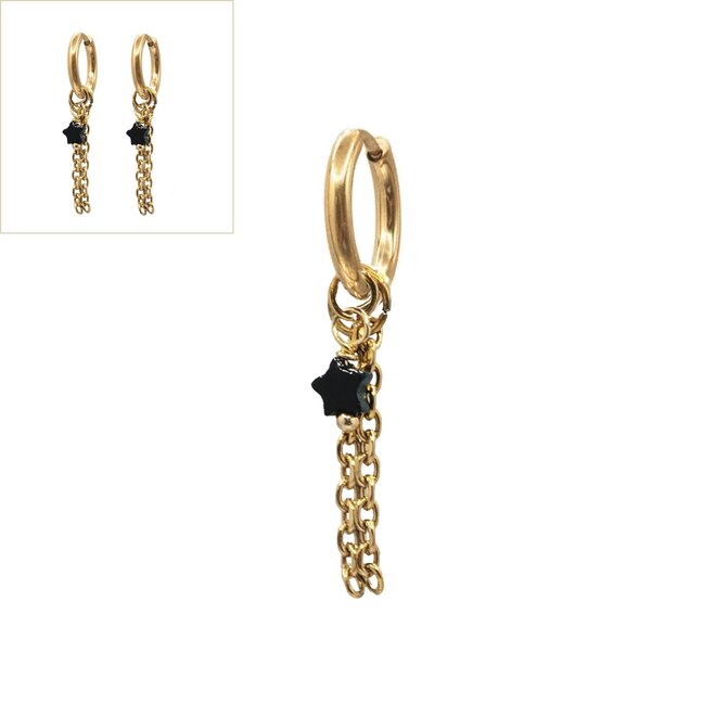 Oorringen star black double oval glad goud