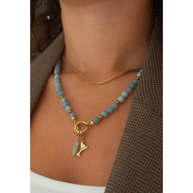 Ketting jade 6mm blauw goud