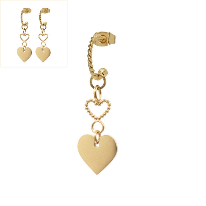 Oorringen twisted double heart 3d bolletjes goud