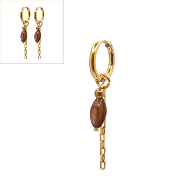 Oorringen square chain oval shell bruin goud