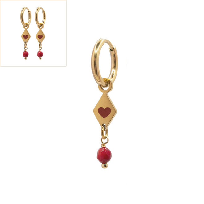 Oorbellen ruit heart rode koraal goud