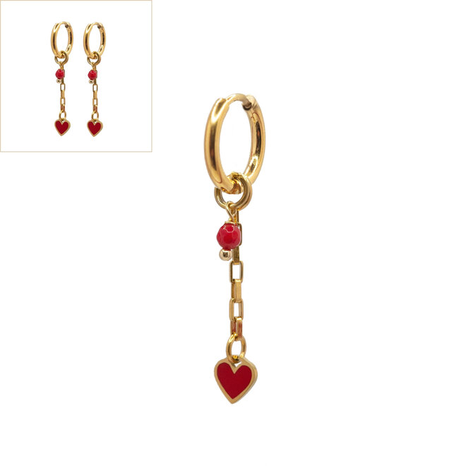 Oorbellen square chain red heart goud