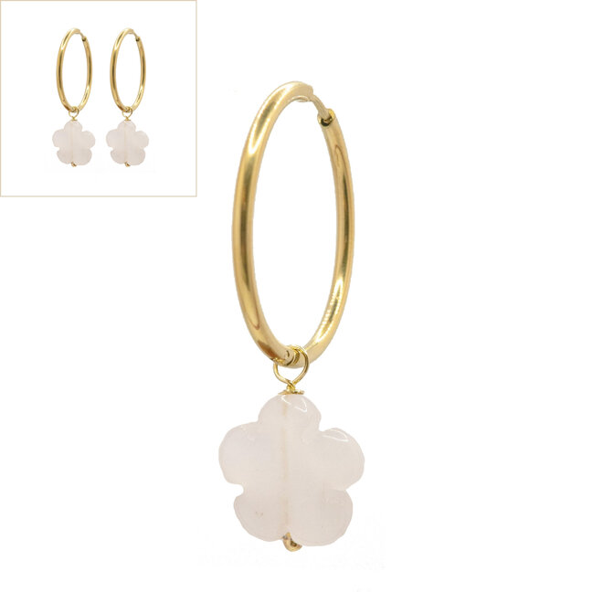 Oorbellen big flower witte jade goud