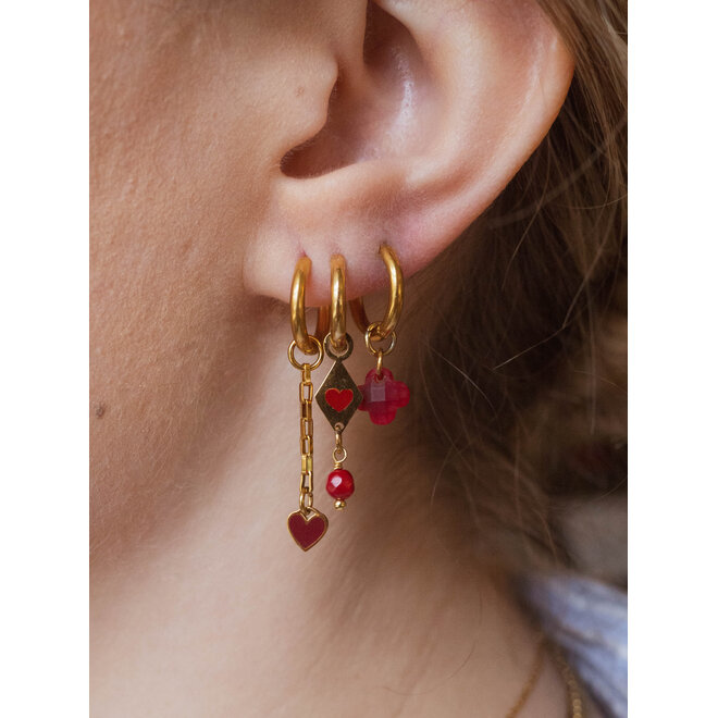 Oorbellen square chain red heart goud