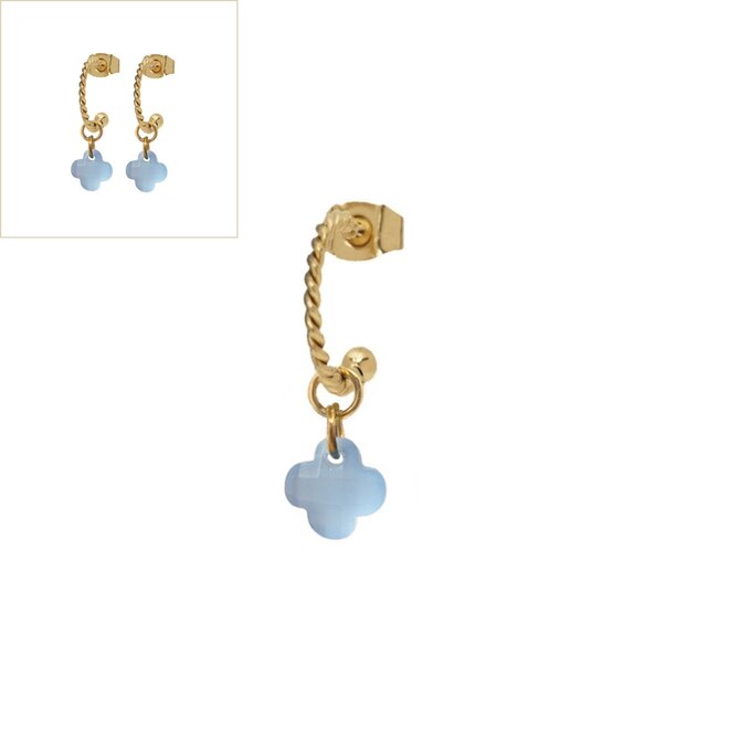 Oorbellen twisted clover mat licht blauw goud