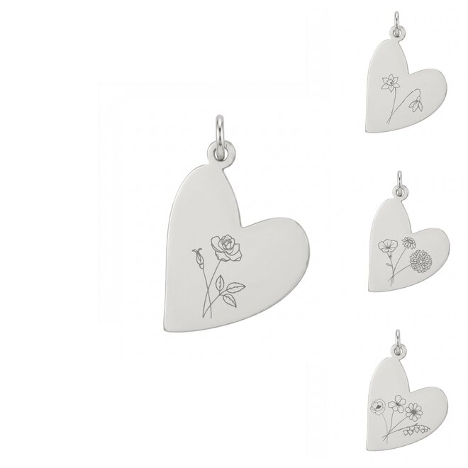 Gepersonaliseerde geboortebloem bedel heart zilver