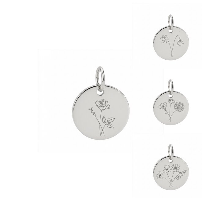 Gepersonaliseerde geboortebloem bedel coin zilver
