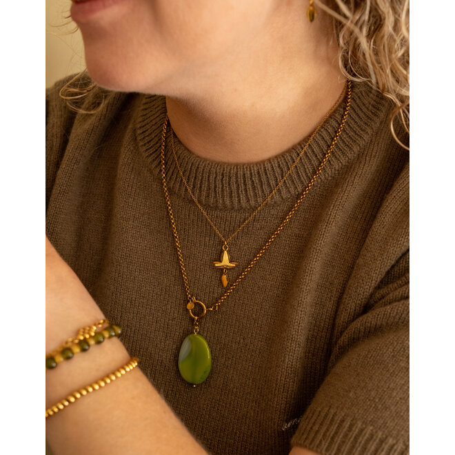 Charm big oval striped agaat groen goud