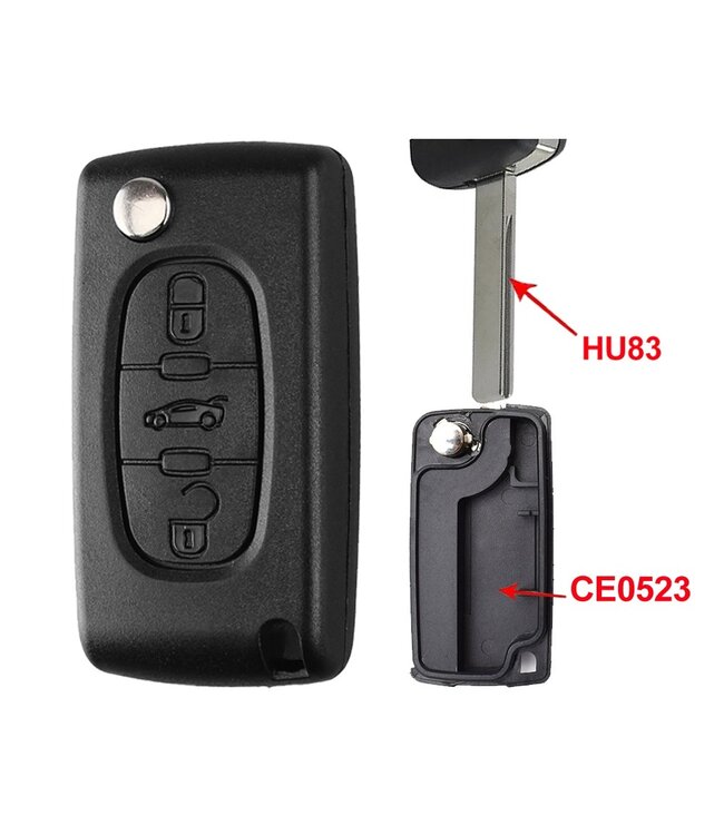 XEOD Autosleutelbehuizing - sleutelbehuizing auto - sleutel - Autosleutel / Geschikt voor: Peugeot - Citroen 3 knops HU83 CE0523