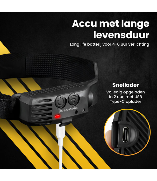 PROKING COB LED Hoofdlamp – Hoofdlamp LED Oplaadbaar – Hoofdlampje – IP44 Waterdicht – Zwart - 1000 Lumen