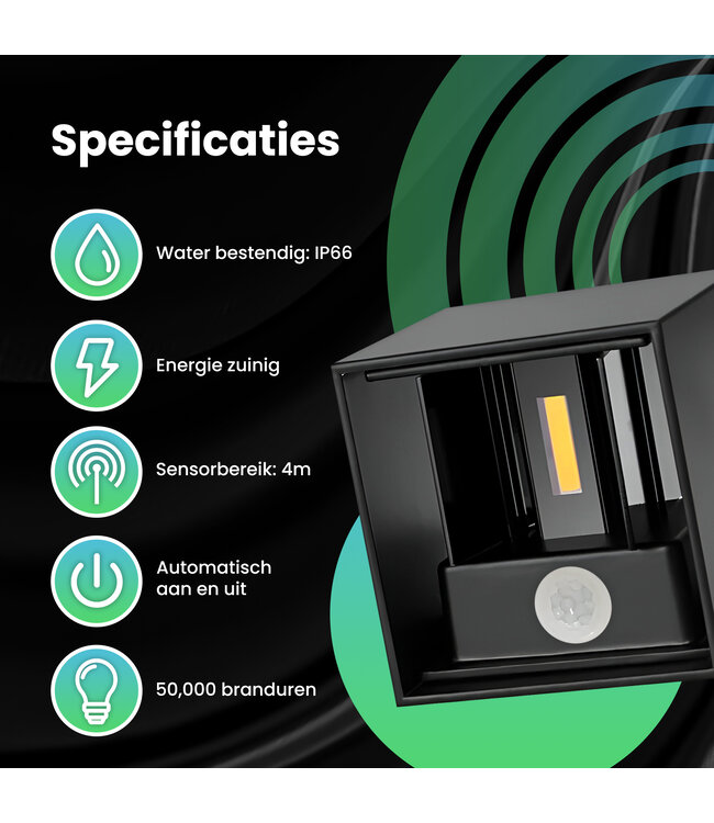 XEOD LED Wandlamp Met Bewegingssensor – Sensor Buitenlamp Binnen Lamp – Waterbestendig – 2700 K – Vierkant – Zwart