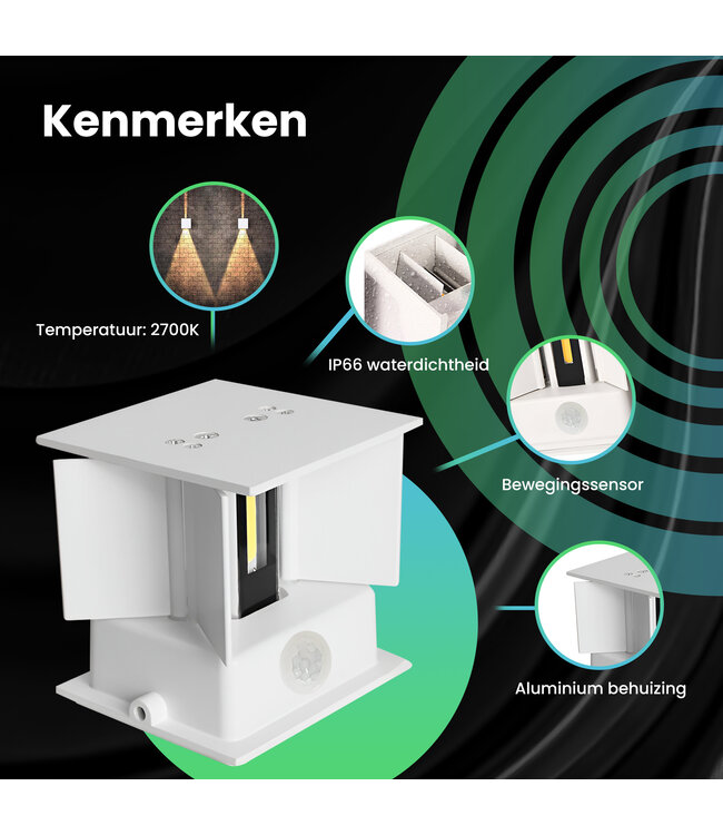 XEOD LED Wandlamp Met Bewegingssensor – Sensor Buitenlamp Binnen Lamp – Waterbestendig – 2700 K – Vierkant – Wit