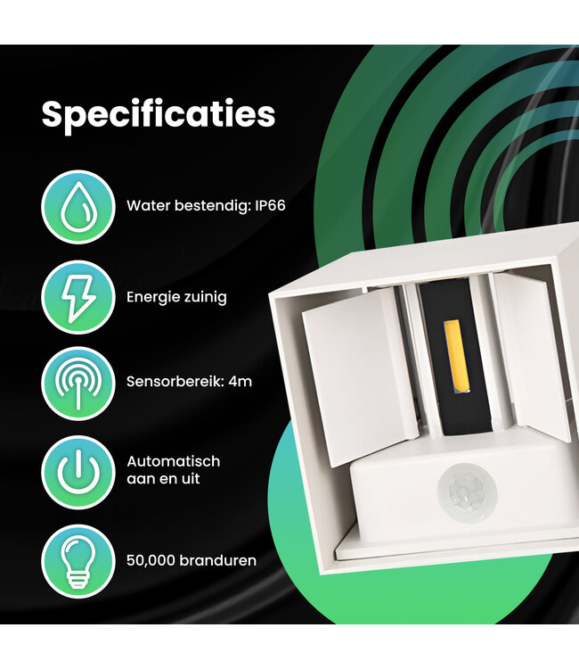 XEOD LED Wandlamp Met Bewegingssensor – Sensor Buitenlamp Binnen Lamp – Waterbestendig – 2700 K – Vierkant – Wit
