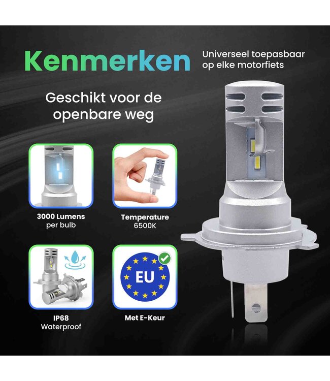 XEOD H4 Perfect Fit Bi-LED motor lamp met E-Keur – Auto Verlichting Lamp – Dimlicht en Grootlicht - 1 stuks – 12V