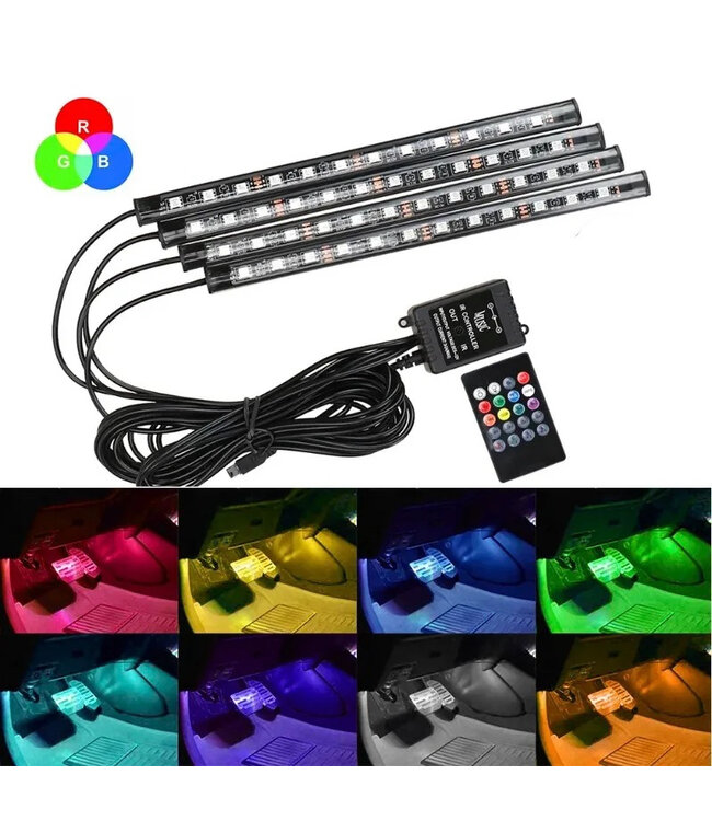 XEOD Sfeerverlichting LED strip's met USB aansluiting - 12V/5V - Interieur verlichting - Ambient light - Auto - Vrachtwagen - Bestelauto - Accessoires - 4 LED Strips  - Afstandsbediening