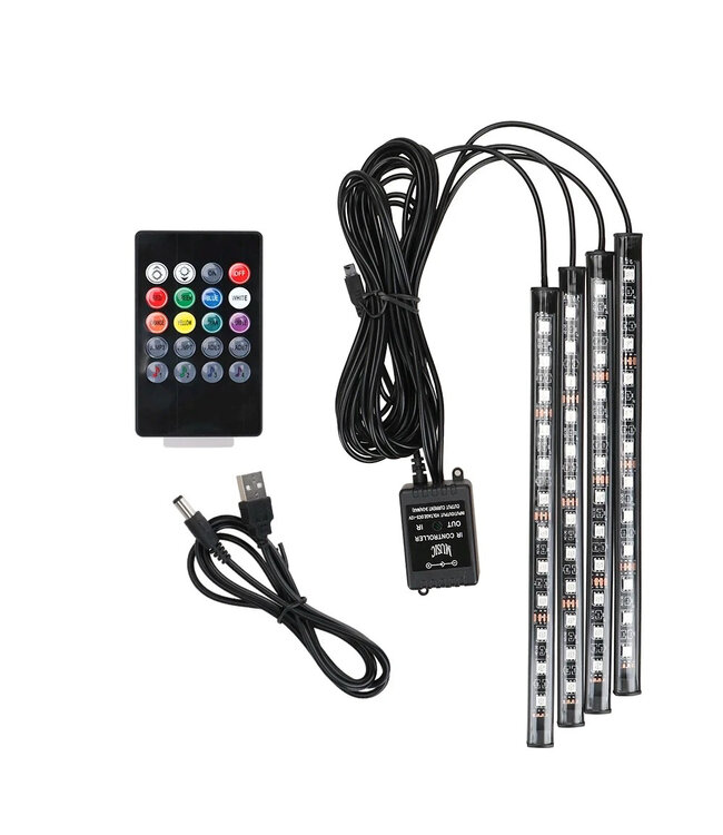 XEOD Sfeerverlichting LED strip's met USB aansluiting - 12V/5V - Interieur verlichting - Ambient light - Auto - Vrachtwagen - Bestelauto - Accessoires - 4 LED Strips  - Afstandsbediening