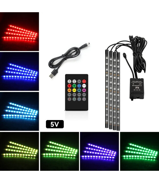 XEOD Sfeerverlichting LED strip's met USB aansluiting - 12V/5V - Interieur verlichting - Ambient light - Auto - Vrachtwagen - Bestelauto - Accessoires - 4 LED Strips  - Afstandsbediening