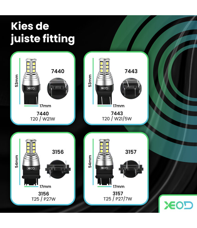 XEOD T25 / P27W / 3156 - LED Lampen - Autolampen - Dagrijverlichting - Achterlichten - Stadslicht - Remlicht - LED - Canbus - Autolampen - 6000K Helder Wit - 12V - 2 Stuks