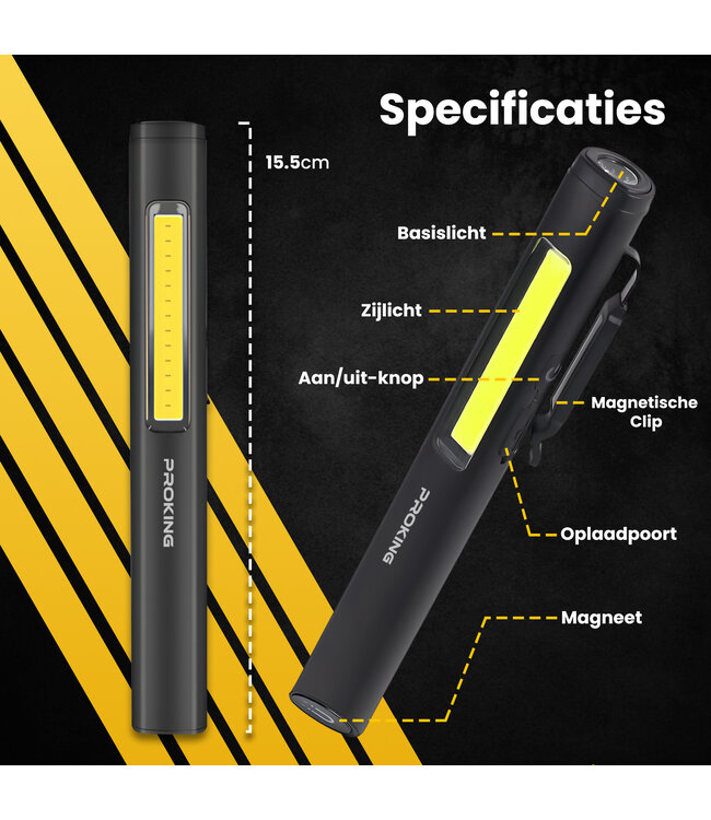 Oplaadbare LED Werklamp – Oplaadbaar – Militaire Zaklamp – Magnetisch - Accu - 2 Ledjes