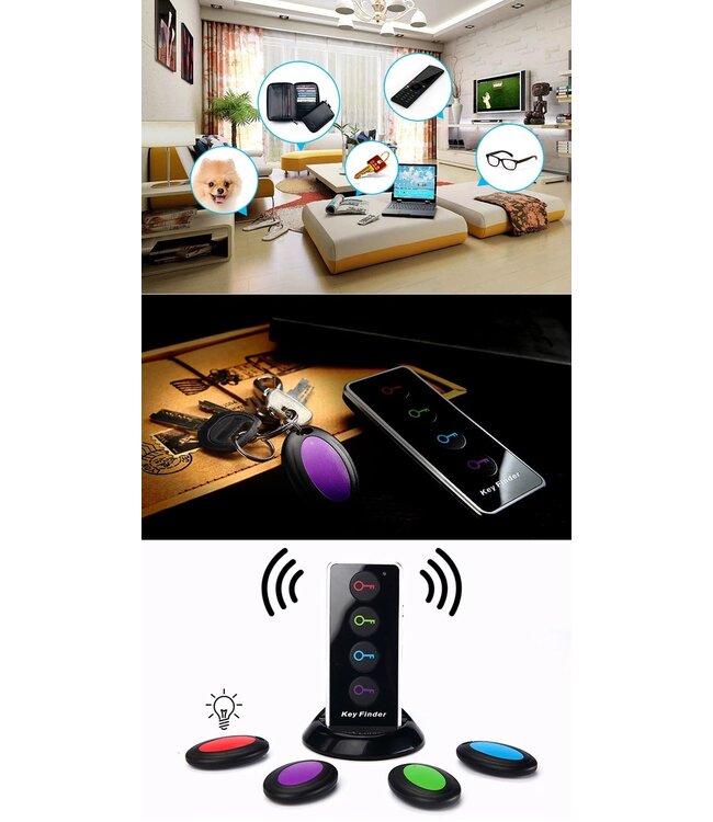 XEOD Sleutel vinder - Sleutelvinder – Zoeker met 4 afstandsbedieningen – Key tracker voor sleutels - Portemonnee - Telefoon - Autosleutel – Sleutelhanger zoeker met geluid en licht