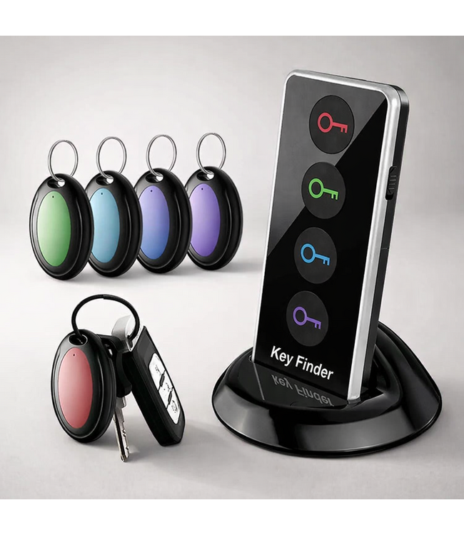 XEOD Sleutel vinder - Sleutelvinder – Zoeker met 4 afstandsbedieningen – Key tracker voor sleutels - Portemonnee - Telefoon - Autosleutel – Sleutelhanger zoeker met geluid en licht