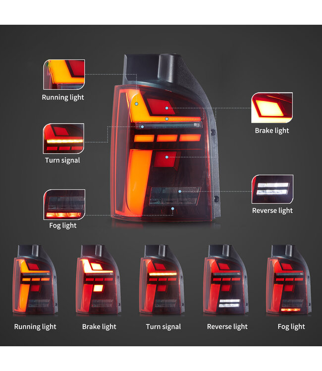 LED Achterlichten geschikt voor Transporter T5 Cherry Rood - Opstart animatie - Dynamische richtingaanwijzers