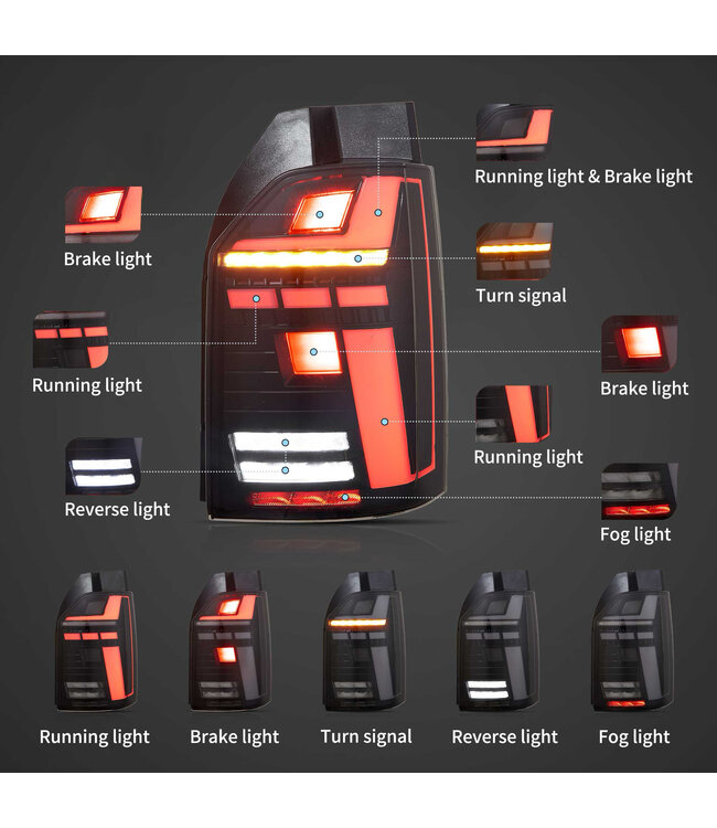 LED Achterlichten geschikt voor Transporter T6 & T6.1Smoked Zwart - Opstart animatie - Dynamische richtingaanwijzers