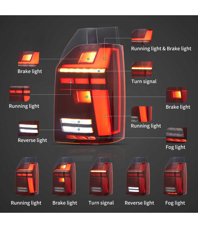LED Achterlichten geschikt voor Transporter T6 & T6.1 Cherry Rood - Opstart animatie - Dynamische richtingaanwijzer