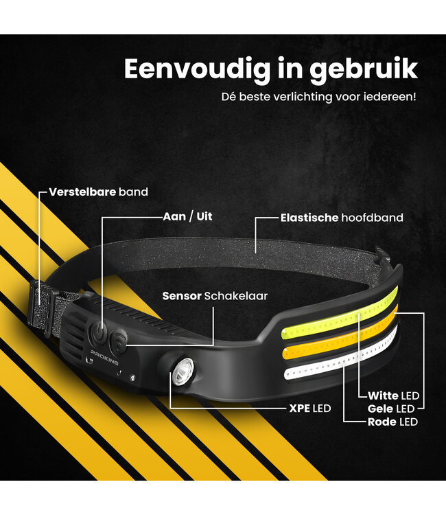 PROKING COB LED Hoofdlamp – Wit & Rood licht - Oplaadbaar – Hoofdlampje – IP44 Waterdicht – Zwart - Noodpakket - 1000 Lumen