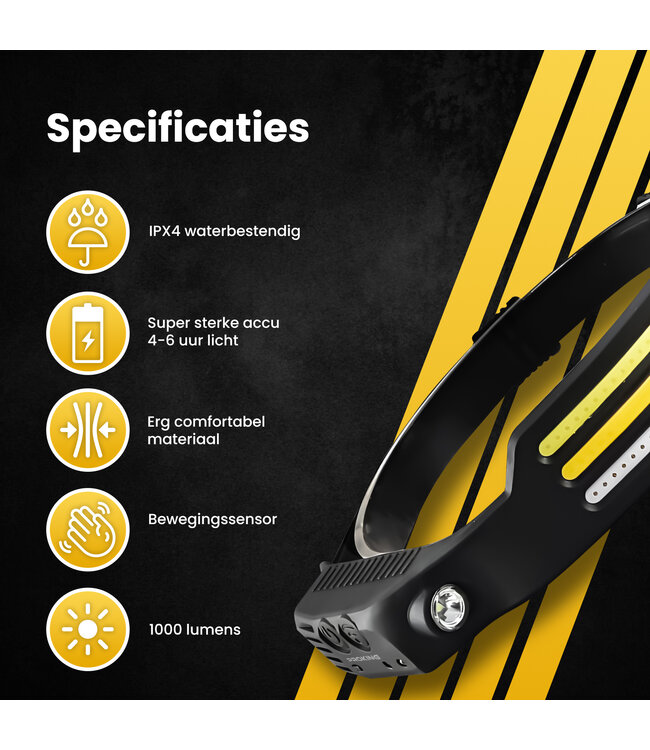 PROKING COB LED Hoofdlamp – Wit & Rood licht - Oplaadbaar – Hoofdlampje – IP44 Waterdicht – Zwart - Noodpakket - 1000 Lumen