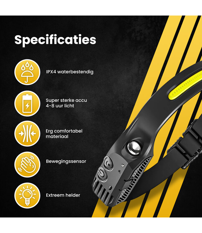 PROKING COB LED Hoofdlamp – Wit licht - Oplaadbaar – Hoofdlampje – IP44 Waterdicht – Zwart - Noodpakket - 600 Lumen