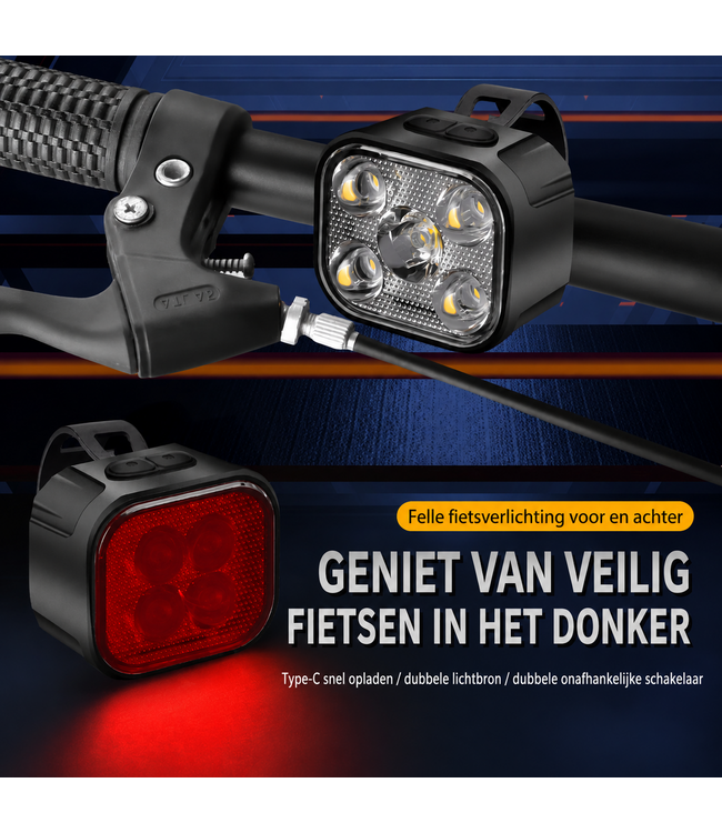 PROKING Fietsverlichting Set – USB-C Oplaadbaar – Voorlicht & Achterlicht – 500 Lumen – Waterbestendige LED Fietslampjes