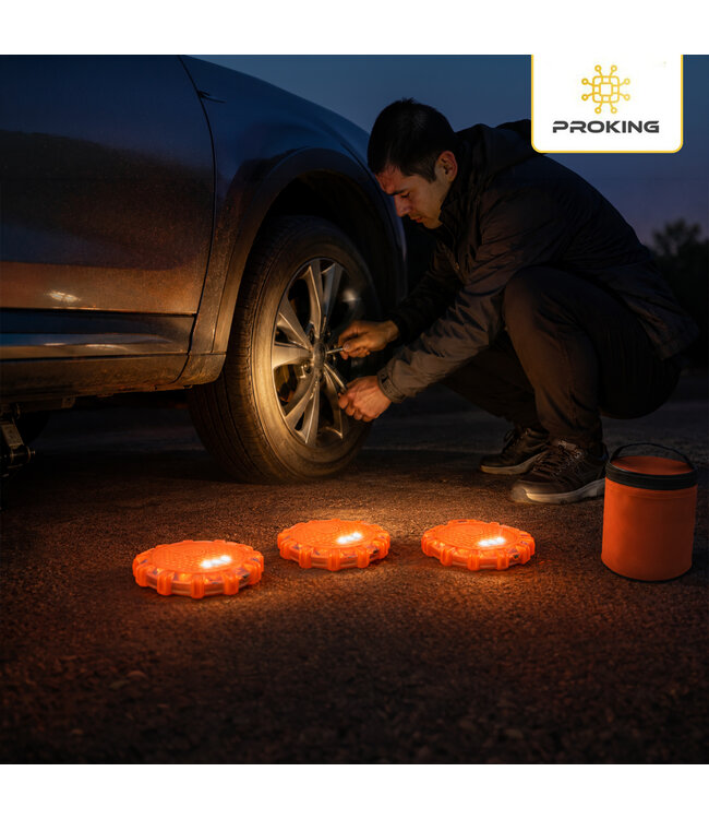 PROKING LED Waarschuwingslampen Set – 3 Stuks – USB-C Oplaadbaar – Magnetisch Noodlicht – 9 Lichtstanden – IP67 Waterdicht – Auto, Boot & Camper