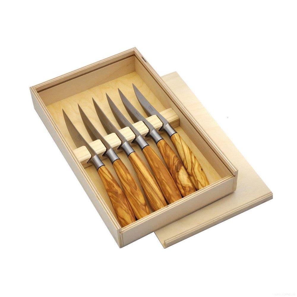 Saladini Kistje met 6 steakmessen met olijfhouten heften Saladini Kistje met 6 steakmessen met olijfhouten heften