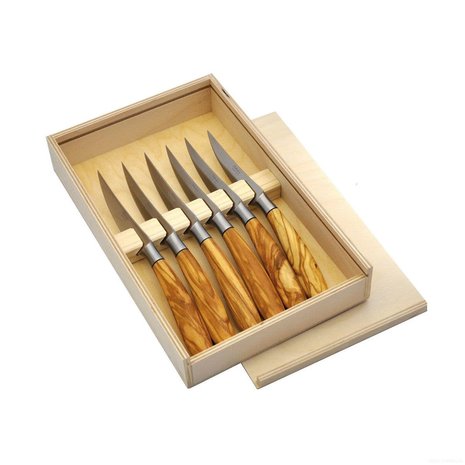 Saladini Kistje met 6 steakmessen met olijfhouten heften Saladini Kistje met 6 steakmessen met olijfhouten heften