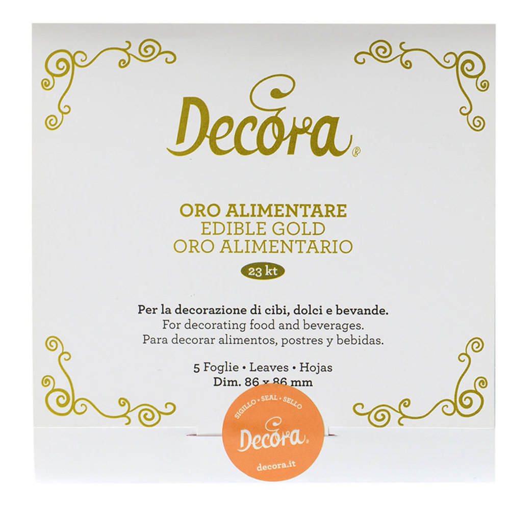 Decora eetbaar bladgoud, vijf velletjes van 8,6x8,6cm, 23 krt