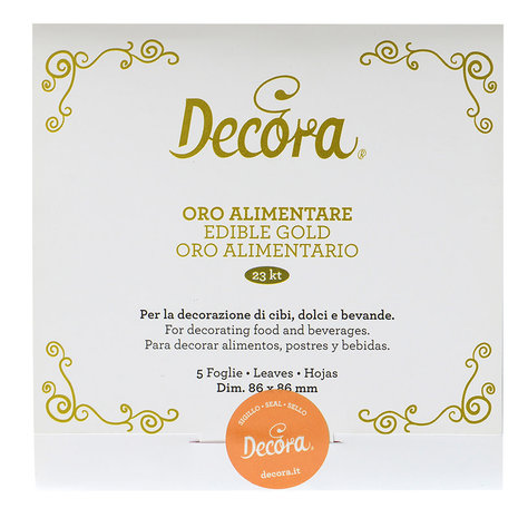 Decora eetbaar bladgoud, vijf velletjes van 8,6x8,6cm, 23 krt